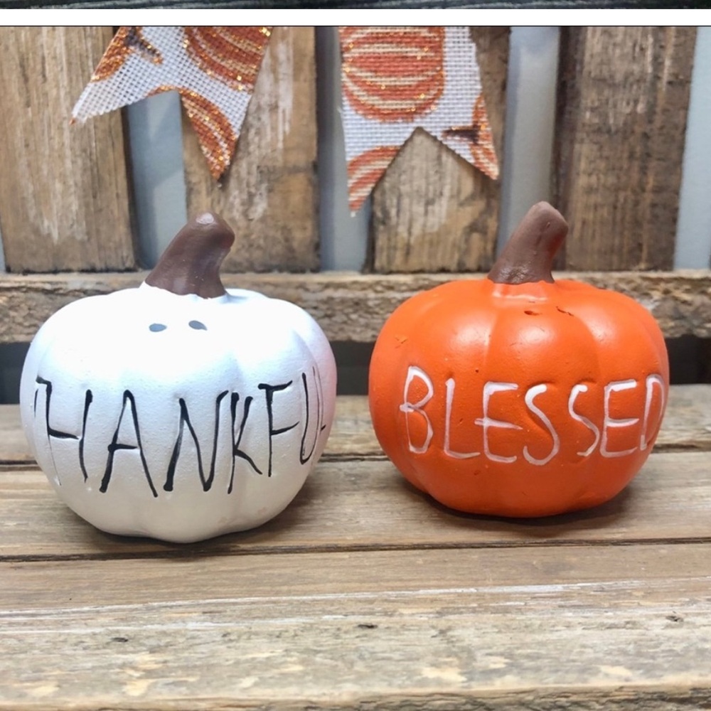 Thankful & Blessed- Ceramic Pumpkin Salt & Pepper Shakers Set, NEW